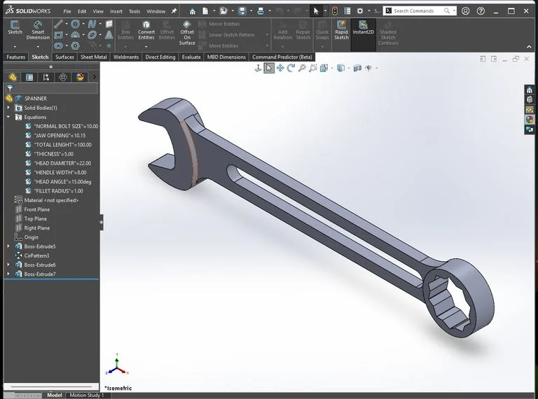 Parametric Combination Spanner - SolidWorks